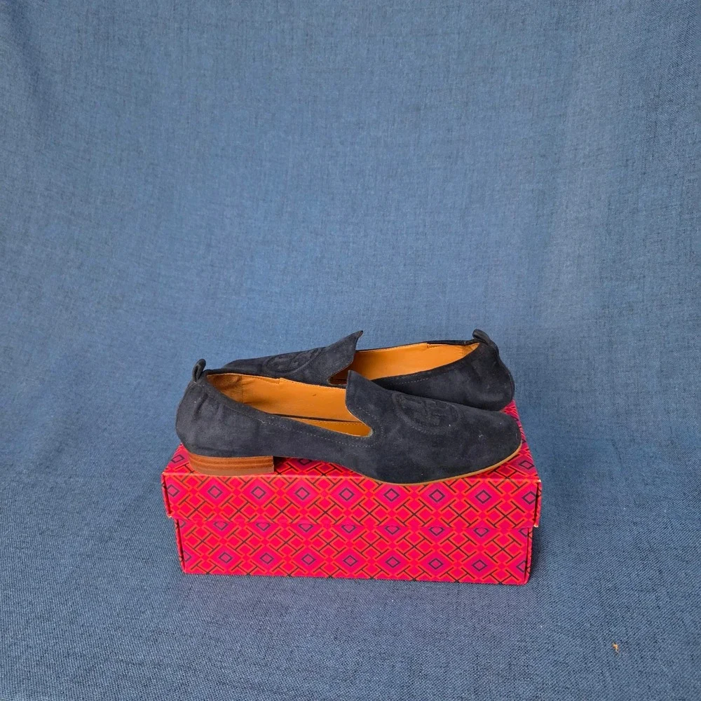 Tory Burch Leigh 15mm Elastic Loafer Silk Suede Perfect Navy Blue 76018 Womens 8
